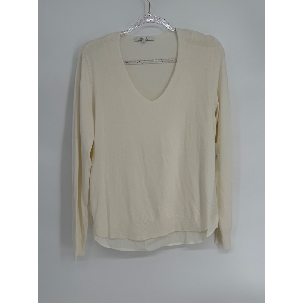 Alfred Sung Womens Cream V-Neck Layered Hem Sweater Long Sleeve Sz L NEW